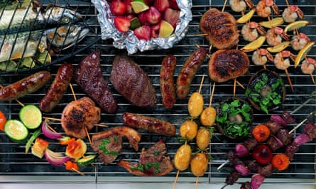 MEAT AND VEGETABLES ON BARBECUE GRILL