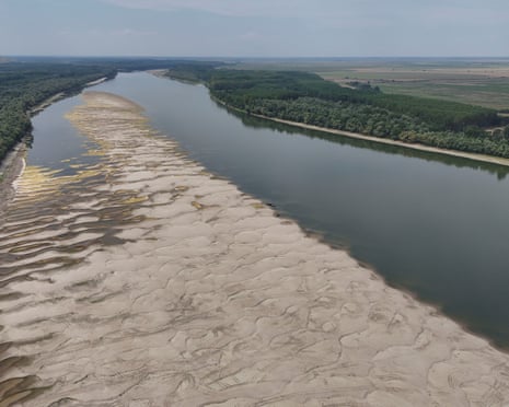 A drone view shows sand banks on the Old Danube river ramification, in Rasova, Constanta, Romania.