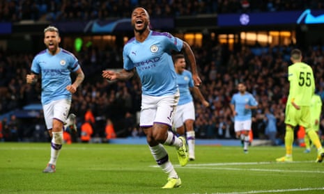 Raheem Sterling celebrates after scoring for Manchester City against Dinamo Zagreb this season.