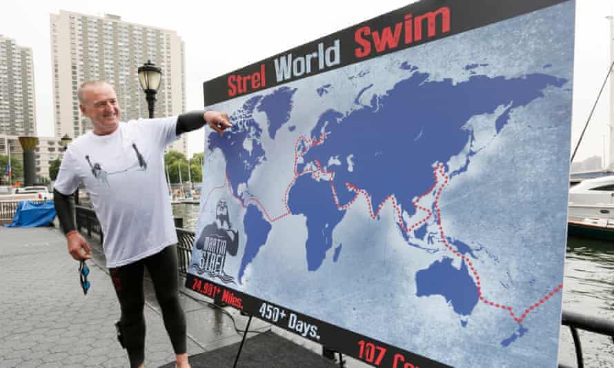 Martin Strel illustrates the route for his planned ‘Strel World Swim’.
