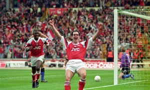 A jubilant Steve Morrow after scoring Arsenal’s winning goal in the Coca-Cola Cup Final against Sheffield Wednesday.