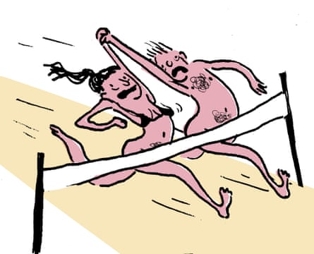 Illustration of a barely clothed man and woman about to cross a finish line, hand in hand