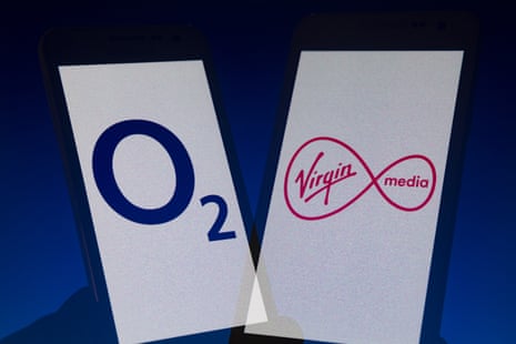 Logos of O2 and Virgin Media on smartphones.
