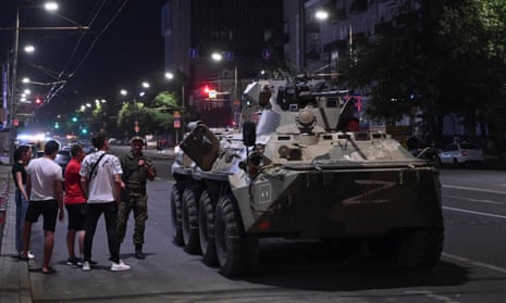An armoured personnel carrier on a street in the southern Russian city of Rostov-on-Don