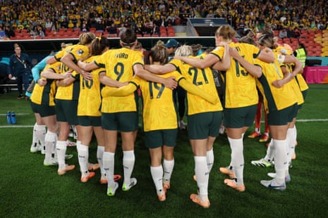 Australia players huddle prior to the FIFA Women's World Cup Australia & New Zealand 2023 Group B match between Australia and Nigeria at Brisbane Stadium.