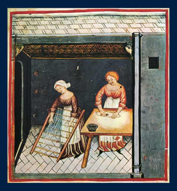 Making pasta; illustration from the 15th century edition of Tacuinum Sanitatis, a Latin translation of the Arabic work Taqwīm al-sihha by Ibn Butlan