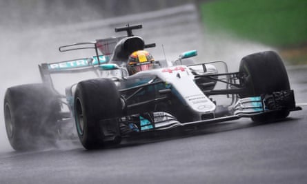 Lewis Hamilton drives through the Monza spray en route to pole position for the Italian F1 GP