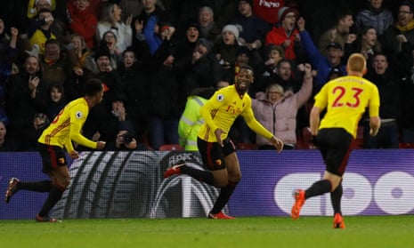 Lots of happy faces around Vicarage Road after Watford’s Molla Wague, centre, makes it all square again.