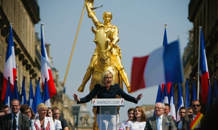 Marine Le Pen delivers a speech at the Front National’s annual celebration of Joan of Arc in Paris.