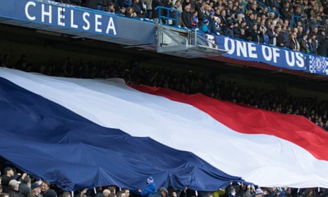 The French national flag is unfurled at Stamford Bridge before Chelsea play Norwich