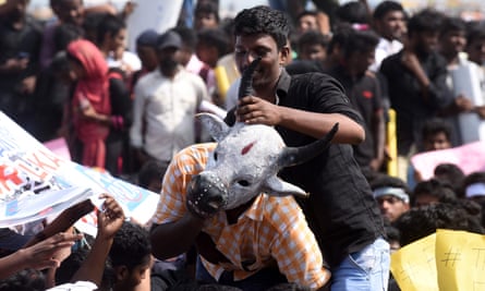 Indian students demonstrate against the ban on jallikattu at Marina Beach, Chennai