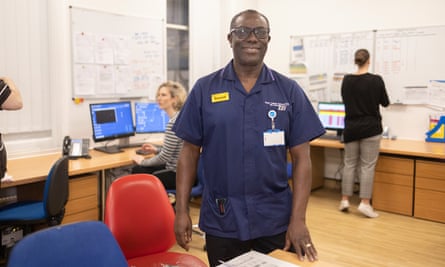 Richard Frempong, a medical performance matron, talking about the day’s targets and concerns at the morning meeting at King’s College hospital.