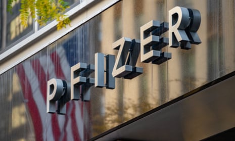 A sign outside Pfizer’s HQ in New York
