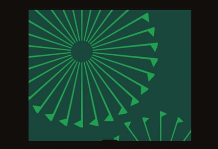 An illustration of green fireworks made up of green flags in a green sky