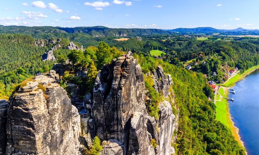 View from viewpoint of Bastei in Saxon Switzerland Germany