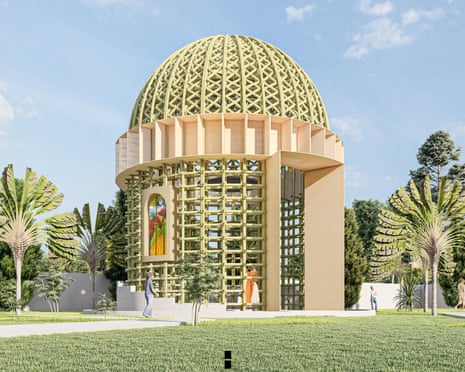 Architect's illustration of a large lattice-like structure with a dome and a stained-glass window in a park with palm trees