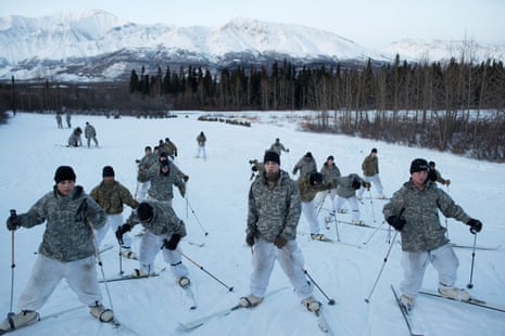 US soldiers from bases in Alaska train to ski while attending a course about using snowshoes, survival and logistics in cold weather conditions. They are just south of the Arctic circle, at the Northern Warfare Training Center, a United States Army Alaska installation in Black Rapids, Alaska. Part of their training is based on the events of the Winter War fought by Finland against the Soviet Union in 1939.