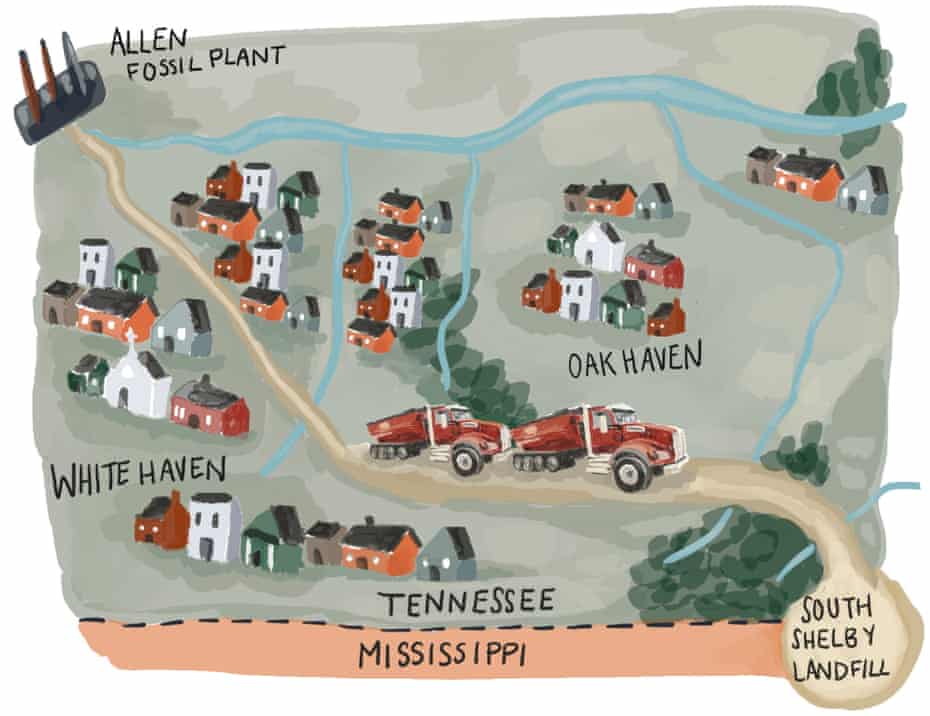 Carte de l'itinéraire des camions de l'usine Allen à la décharge de South Shelby. 
