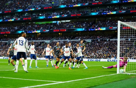 Tottenham Hotspur goalkeeper Antonín Kinský saves on the line from Joe Rodon of Leeds United.