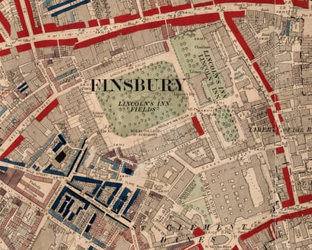 Historical colour-coded map of London’s Clare Market area, showing streets and buildings.