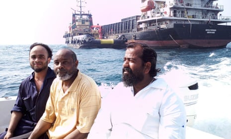 Captain Ayyappan Swaminathan with members of the MV Azraqmoiah cargo ship’s crew
