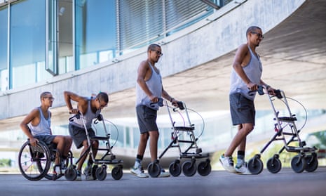 composite image of david mzee rising from a wheelchair to using a walking frame