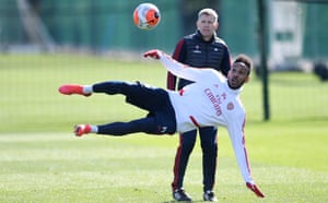 Pierre-Emerick Aubameyang tries an acrobatic shot during Arsenal training.