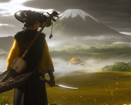 A character from the game stands facing Mount Fuji in Japan.