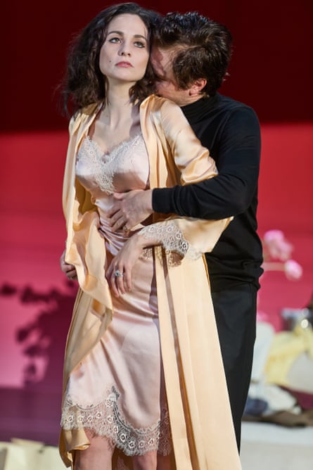 Middleton in lacy slip and dressing gown, and Johnny Flynn (as Richard Burton) in The Motive and the Cue.