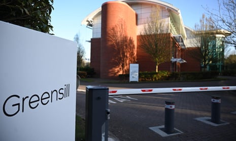 signage is seen outside the offices of collapsed finance firm Greensill near Warrington, northwest England. -