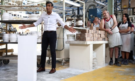 Conservative prime minister Rishi Sunak hosts a Q&A event with staff during a visit to Denby Pottery Factory in Ripley.