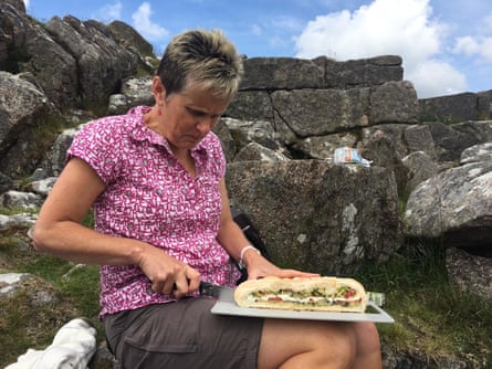 Elaine Knight (Lucy’s mum) cutting the ‘picnic loaf sandwich’ on Dartmoor.