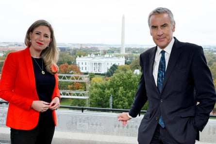 Dermot Murnaghan and Cordelia Lynch prepare for their UK TV coverage of the US presidential election in 2020