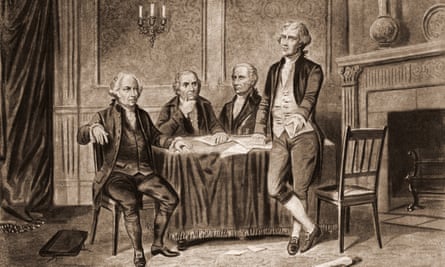 black and white etching of four 18th-century men around a table