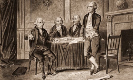 four men in colonial American clothing, in illustration