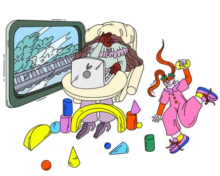 An illustration showing a child playing with toys scattered all around her while a passenger on her laptop looks on in dismay.
