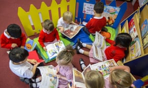 Primary school children reading in a classroom in the UK.