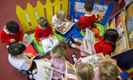 Primary school children reading in a classroom in the UK