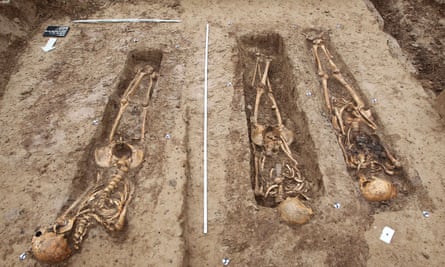 Skeletons of soldiers of the great army of Napoleon are uncovered after they were discovered at a building site in Frankfurt, western Germany, on September 17, 2015. The remains of some 200 dead soldiers in total of the Napoleonic Army of 1813, on the way back after the defeat of Napoleon during his Russian campaign, are expected to be found.