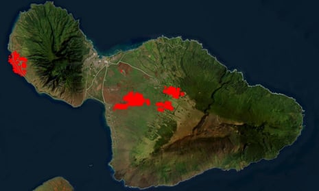 A NASA map shows the locations of the Maui wildfires on 9 August 2023. Wildfires burned across Hawaii and prompted evacuations across the state.