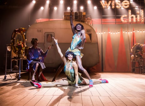 Omari Douglas as Showgirl Nora (top) with Melissa James as Showgirl Dora and Gareth Snook, left, as older Dora in Wise Children at the Old Vic.