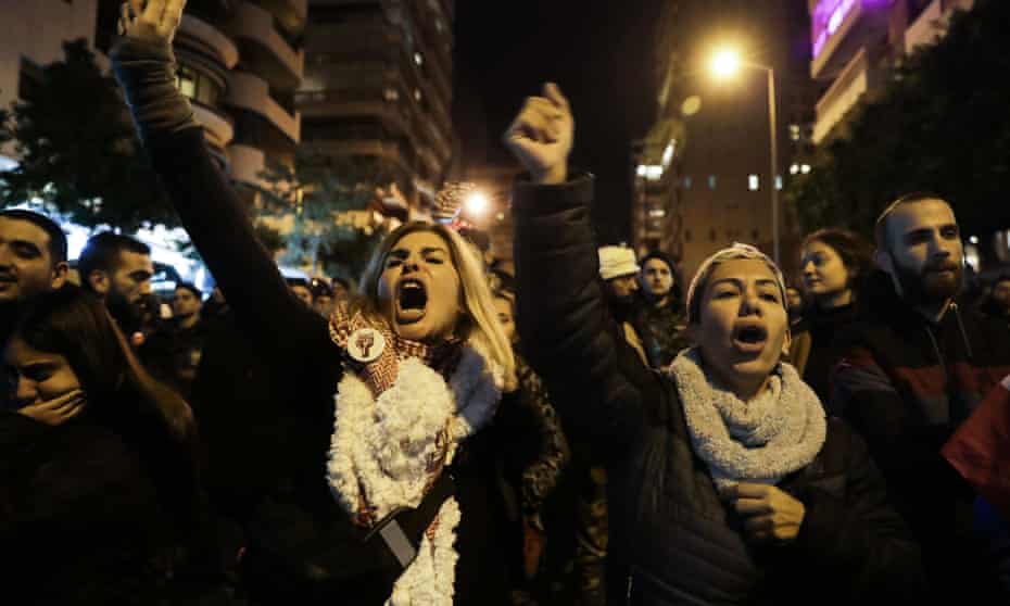 Lebanese protesters gathered outside the Beirut home of Hassan Diab