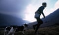 Farmer and Fell runner Joss Naylor running up Wasdale with courage determination in the Lake District Cumbria<br>AJGF81 Farmer and Fell runner Joss Naylor running up Wasdale with courage determination in the Lake District Cumbria