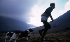 Farmer and Fell runner Joss Naylor running up Wasdale with courage determination in the Lake District Cumbria<br>AJGF81 Farmer and Fell runner Joss Naylor running up Wasdale with courage determination in the Lake District Cumbria