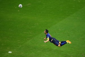 Robin van Persie scores the the Netherlands’ first goal during their 2014 World Cup group game against Spain