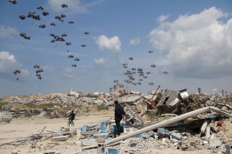 Humanitarian aid is airdropped to Palestinians over Gaza City, Gaza Strip on Monday