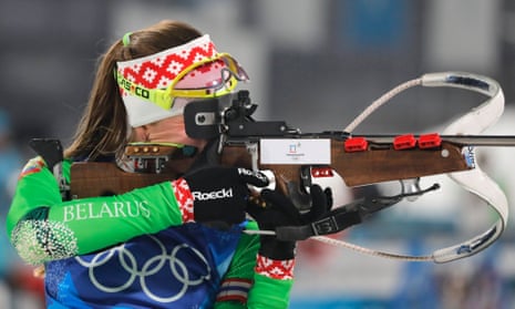 Belarus’ Darya Domracheva takes aim on the shooting range.