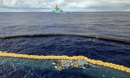 The Ocean Cleanup project’s system retains plastic in front of an extended cork line