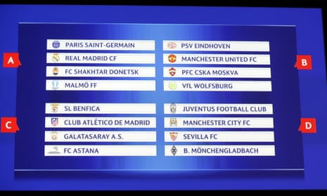 The draw for the groups A, B, C and D are displayed on a screen during the UEFA Champions League Group stage draw ceremony.
