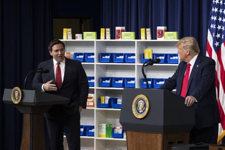 Ron DeSantis and Donald Trump in 2020. DeSantis’s strongest criticism of Trump in his book is over the former president’s handling of the Covid crisis.